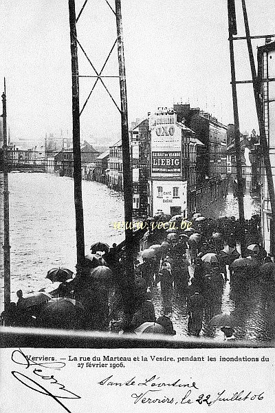 ancienne carte postale de Verviers La rue du Marteau et la Vesdre pendant les inondations du 27 février 1906