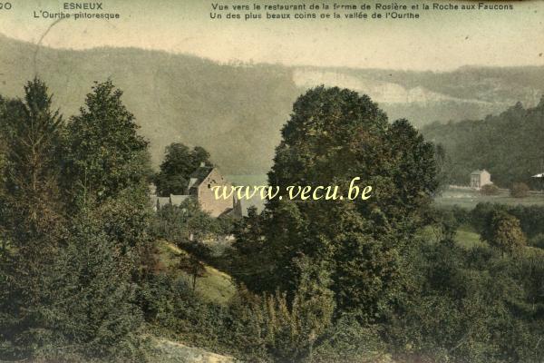 ancienne carte postale de Esneux Vue vers le restaurant de la ferme de Rosière et la roche aux Faucons