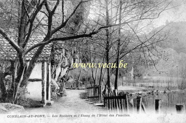 ancienne carte postale de Comblain-au-Pont Les rochers et l'étang de l'hôtel des familles