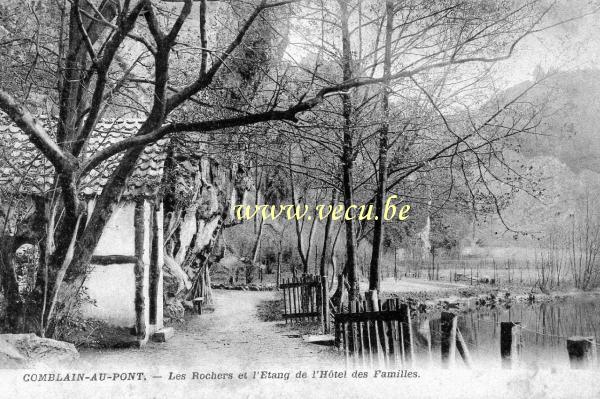ancienne carte postale de Comblain-au-Pont Les rochers et l'étang de l'hôtel des familles