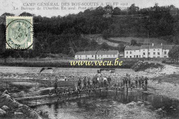 ancienne carte postale de Tilff Le barrage de l'Ourthe. En aval pont construit par les scouts
