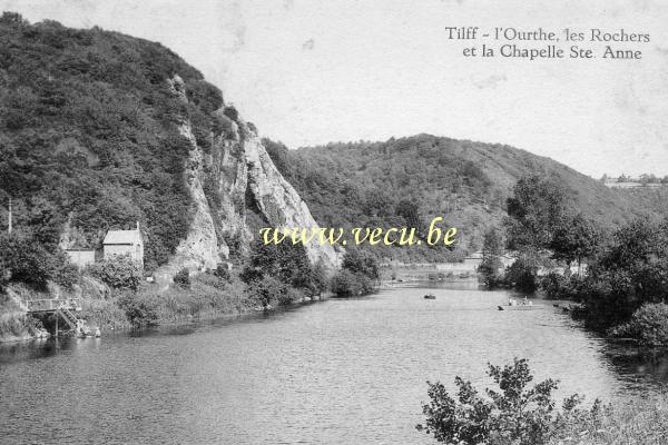 ancienne carte postale de Tilff L'Ourthe, les rochers et la chapelle Ste Anne