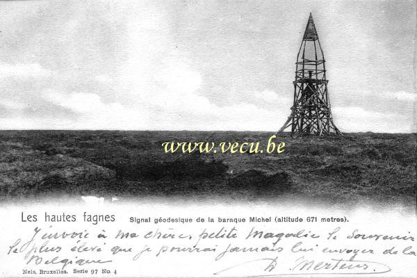 ancienne carte postale de Hautes-Fagnes Signal géodesique de la baraque Michel (altitude 671 mètres)
