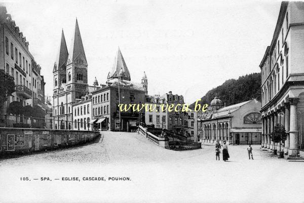 ancienne carte postale de Spa Eglise, Cascade, Pouhon