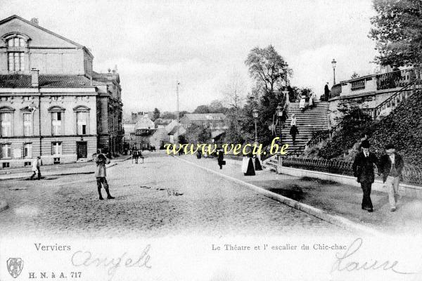 ancienne carte postale de Verviers Le Théatre et l'escaalier du Chic-chac