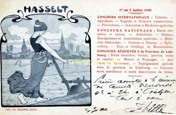 ancienne carte postale de Hasselt 1er au 8 juillet 1900 - Concours internationaux - Concours nationaux