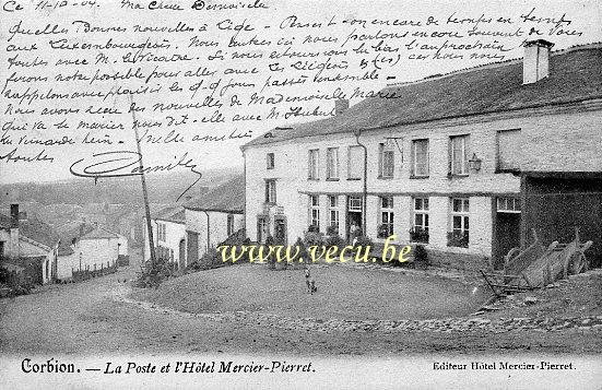 ancienne carte postale de Corbion La Poste et l'Hôtel Mercier-Pierret