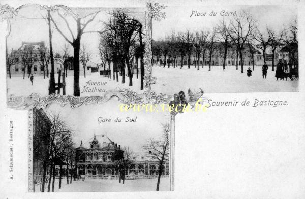 ancienne carte postale de Bastogne Souvenir de Bastogne. Avenue Mathieu - Place du Carré - Gare du sud