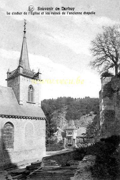 ancienne carte postale de Durbuy Le clocher de l'Eglise et les ruines de l'ancienne chapelle