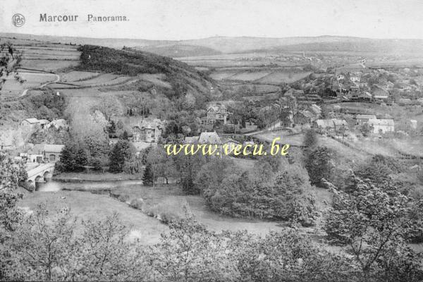ancienne carte postale de Marcourt Panorama - Hôtel de l'Ourthe - Arrêt du tram