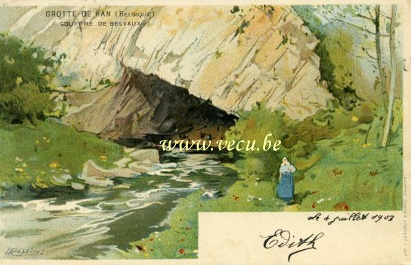 ancienne carte postale de Han-sur-Lesse Grotte de Han - Gouffre de Belvaux - Lithographie de Henri Cassiers
