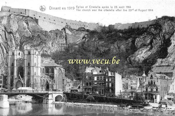 ancienne carte postale de Dinant Eglise et Citadelle après le 23 août 1914