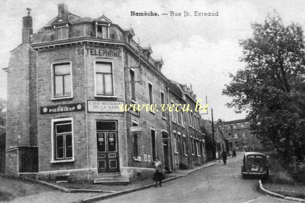 ancienne carte postale de Namêche Café-Restaurant de la Gare - Rue Jh. Evreaud