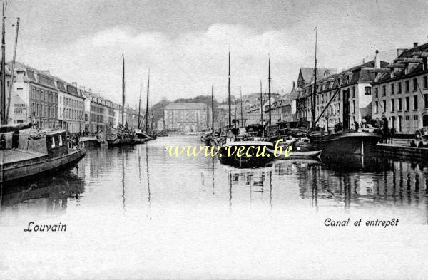 ancienne carte postale de Louvain Canal et entrepôt