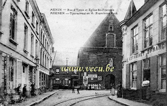 ancienne carte postale de Menin Rue d'Ypres et Eglise St-François