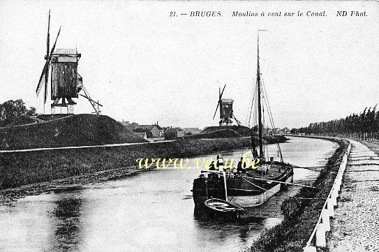 ancienne carte postale de Bruges Moulins à vent sur le Canal