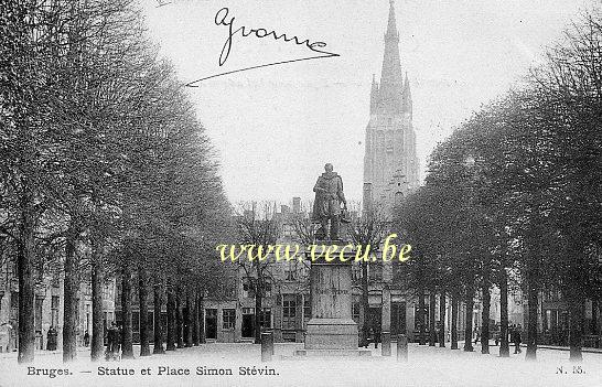 ancienne carte postale de Bruges Statue et Place Simon Stévin