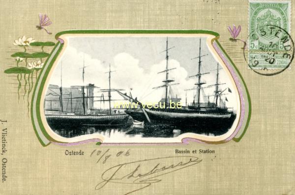 ancienne carte postale de Ostende Bassin et station