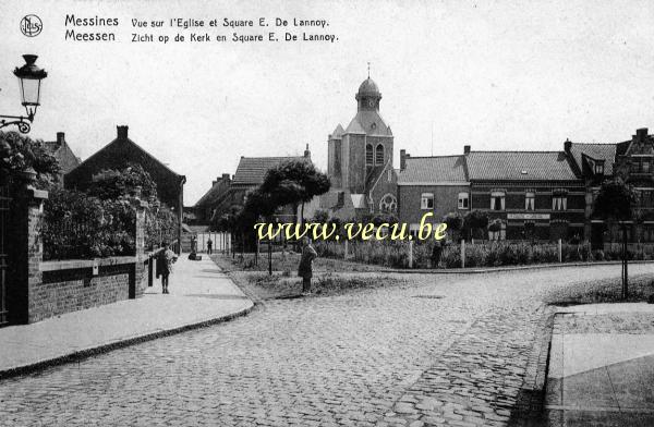 ancienne carte postale de Messines Vue sur l'église et square E. De Lannoy