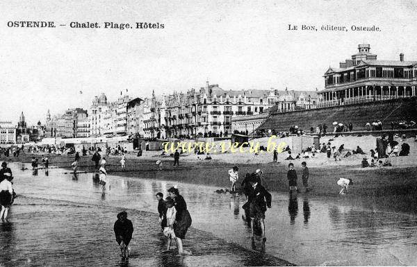 ancienne carte postale de Ostende Chalet. Plage. Hôtels