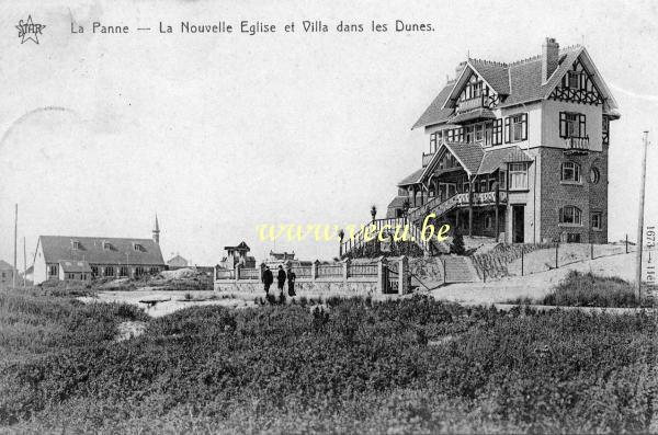 postkaart van De Panne La nouvelle église et villa dans les dunes