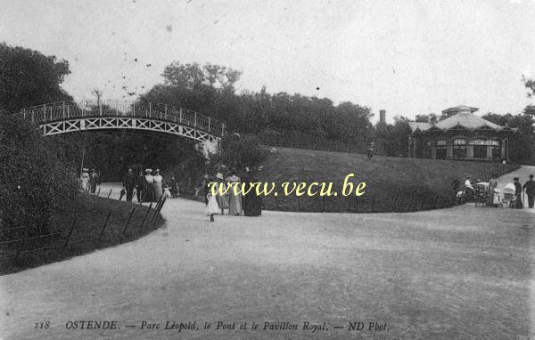 ancienne carte postale de Ostende Parc Leopold, le pont et le pavillon royal