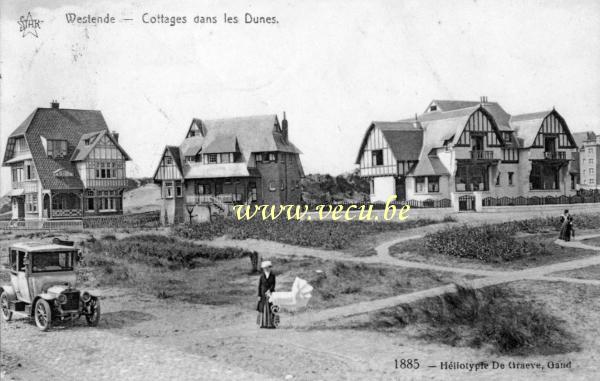 ancienne carte postale de Westende Cottages dans les dunes