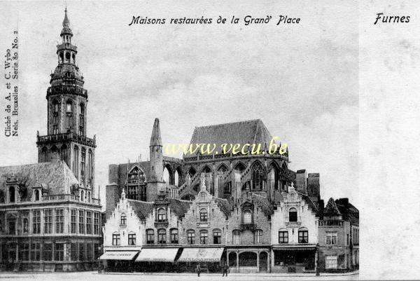 ancienne carte postale de Furnes Maisons restaurées de la Grand Place