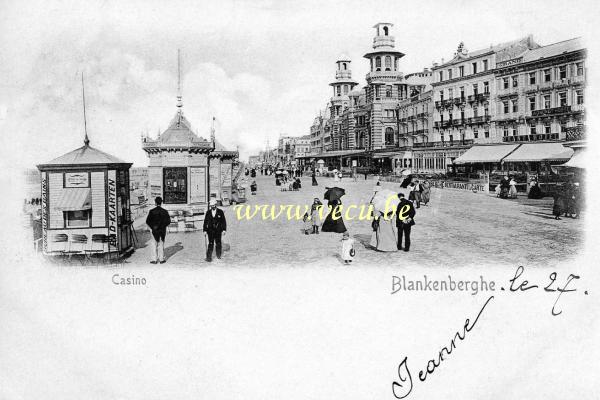 ancienne carte postale de Blankenberge Casino (et le Bureau des bains et les kiosques face au Grand-Hôtel)