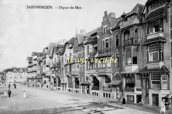 ancienne carte postale de Duinbergen Villas (dont Villa Eugénie) sur la digue de mer