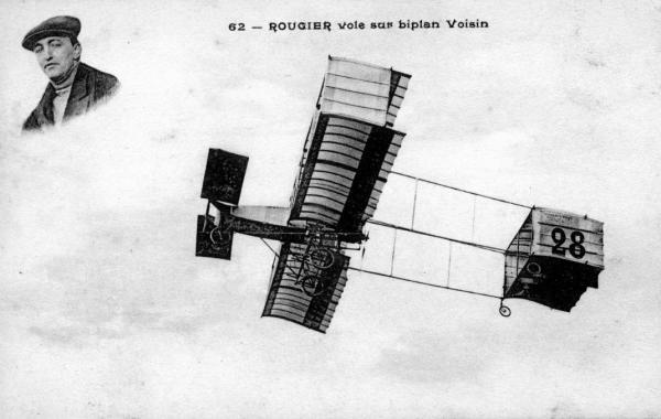 ancienne carte postale de Avions Rougier vole sur biplan Voisin