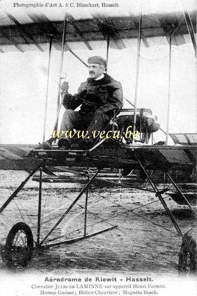 postkaart van Piloten Jules de Laminne - Luchtvaartpionier - Viletuig Farman te Kiewit - Hasselt