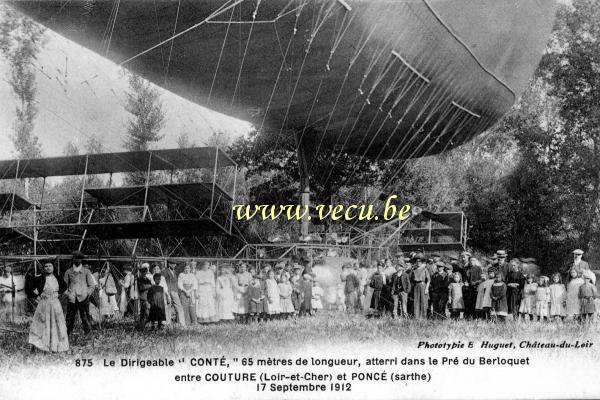 postkaart van Luchtschepen Le dirigeable Conté, 65 m de long atterri dans le pré du Berloquet entre Couture et Poncé