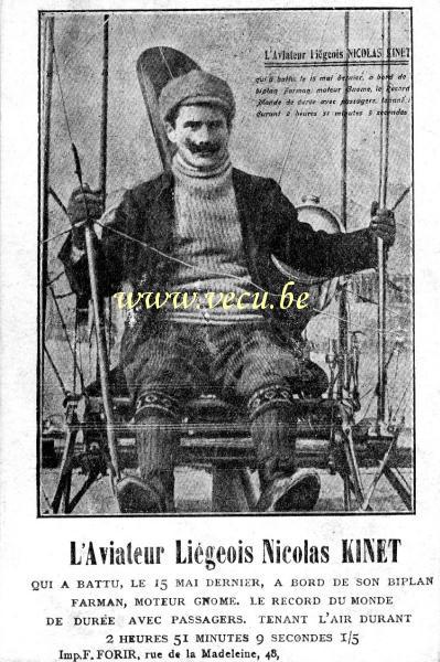 postkaart van Piloten L'aviateur Liégeois Nicolas Kinet à bord de son biplan Farman, moteur Gnome