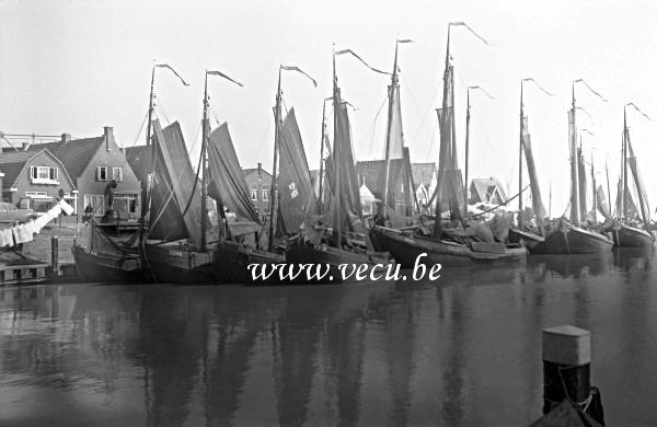 photo ancienne  de bateaux de pêche  Vieux bateaux de pêche à voile en file à quai