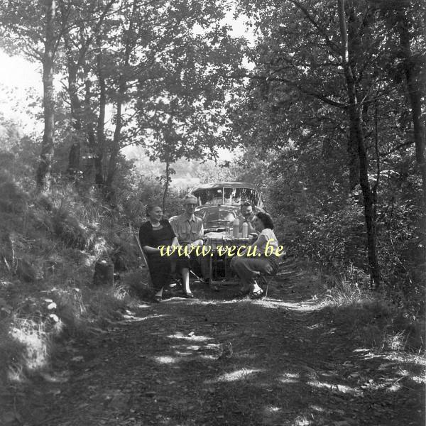 photo ancienne  Pique-nique sur un chemin forestier le 16 août 1953