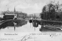 postkaart van Marchienne-au-pont La Sambre, le marché couvert et la passerelle