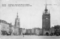 carte postale ancienne de Courtrai Grand'Place, Eglise Saint-Martin et Beffroi